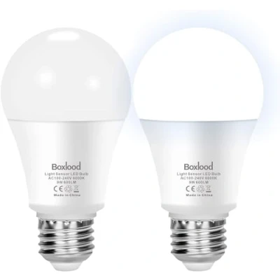 Image of Boxlood Dawn Till Dusk Light Bulbs, 9W 60Watt Equivalent E27 Sensor LED Daylight 6000K, Smart Automatic On/Off, 800LM Outdoor Indoor Lighting Bulb for Porch Garden Yard Patio 2 Pack