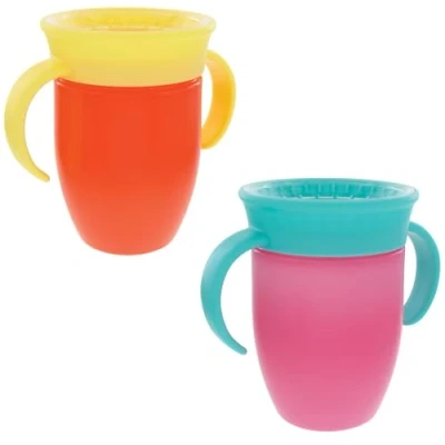 Image of Nuby All Around Water Bottle with Handle No Spill Sippy Cup 210ml / 7oz Drink from Any Angle Dishwasher Safe BPA Free Suitable Beaker for 4 Months Plus (Pack of 2, Pink/Orange)