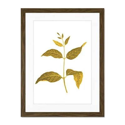 Image of Wee Blue Coo Botanics Gold And Grey Leaves Large Brown Framed Art Print Wall Poster 18x24 inch