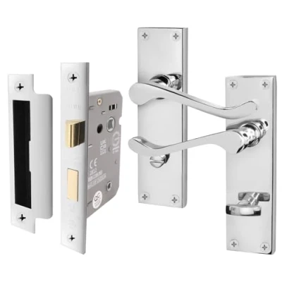 Image of EAI Polished Chrome Victorian Scroll Bathroom Door Handle Set 1 Pair of Internal Lever Handles on Backplate with Lock (64mm)