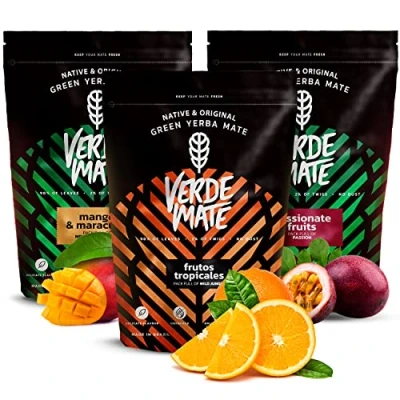 Image of Fruity Yerba Mate set with fruits Verde Green Mango &amp; Maracuya, Passionate Fruits, Frutos Tropicales 3x500g