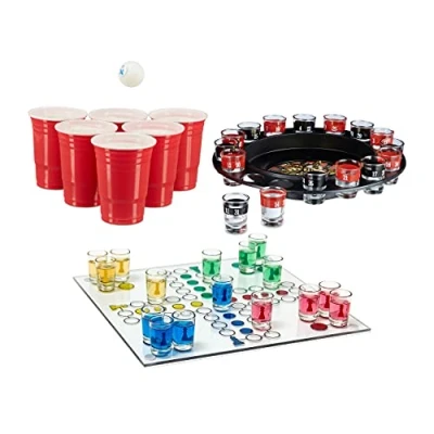 Image of Relaxdays 3 Piece XXL Drinking Game Set for Adults, Parchisi, Drink Roulette, Red Beer Pong Cups, Party Games, 18 and Up