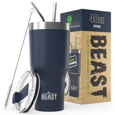 Image of Beast Tumbler 1050 ml (40 oz), Navy Blue Reusable Stainless Steel, Vacuum Insulated Cup with + 2 Straws &amp; Cleaning Brush Double Wall Travel Flask Perfect for Hot or Iced Coffee BPA Free