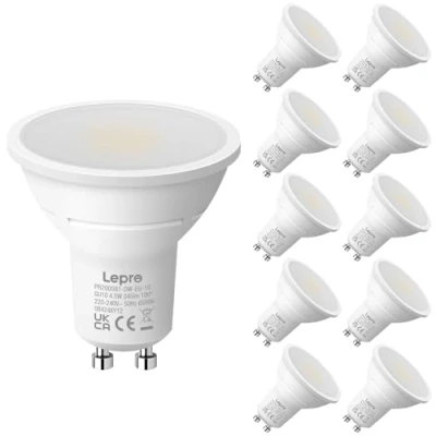 Image of Lepro GU10 Led Bulbs, Cool White 6500K, 4.5W 345lm Daylight No Flickering, 50W Halogen Bulb Equivalent, Non dimmable Energy Saving Light 100 Wide Beam, 10 Packs