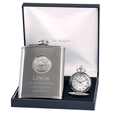 Image of Engraved Son Christmas Pewter Horse Racing Feature Pocket Watch and Hip Flask Gift Set