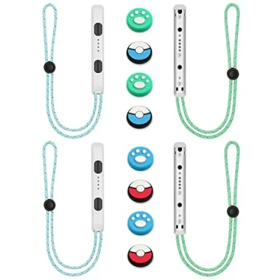 Image of Vicloon Wrist Straps for Switch Joycon 2 Pair, Controller with 8 Thumb Grip Stick Caps, Hand Accessories, Adjustable Elastic Wristband Strap (White)