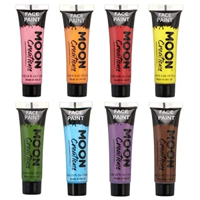 Image of Moon Creations Face &amp; Body Paint Tubes Set of 8 12ml Ready to Use No Flake Cruelty Free, Made in UK for Kids, Adults, Fancy Dress, Festivals, Halloween More