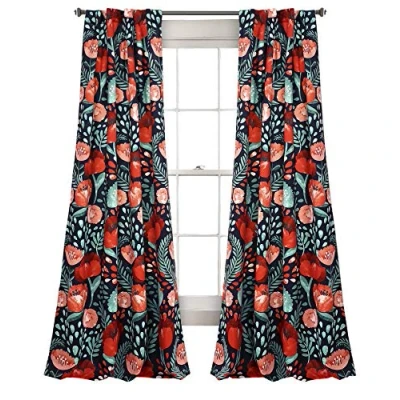 Image of Lush Decor Poppy Garden Curtains Room Darkening Window Set for Living, Dining, Bedroom, 84 in L Panel Pair, Navy