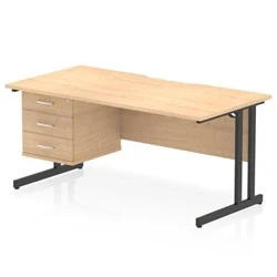 Image of Impulse 1600 x 800mm Scalloped Edge Straight Office Desk Maple Top Black Cantilever Leg Workstation 1 3 Drawer Fixed Pedestal