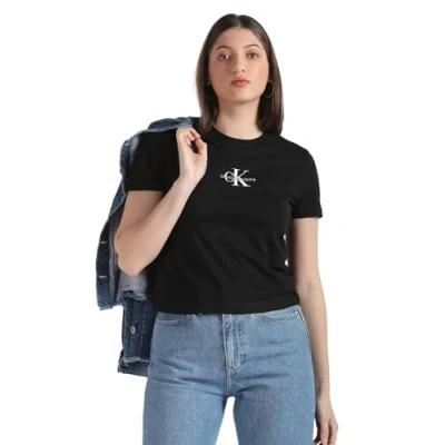 Image of Calvin Klein Jeans Monologo BABY TEE Print Tshirt, Women&#039;s, Size: XXS, Black