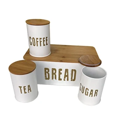 Image of Crystals Bread Bin with Air Sealed Bamboo Lid 4pcs Set of Tea, Coffee, Sugar Tins (White)