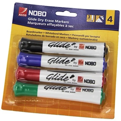 Image of Nobo Glide Drywipe Whiteboard Pens, 2 mm Bullet Tip, Pack of 4, 1902096, Coloured