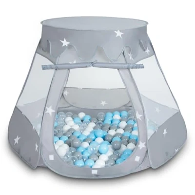 Image of Selonis Play Tent 105X90cm/100 Balls Castle House Pop Up Ballpit Plastic For Kids, Grey:Grey White Transparent Babyblue