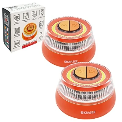 Image of KRASER KR4V16NP2 Pack 2 Road Flares, V 16 Emergency Light Disc Beacon, Safety Flashing Warning with Magnetic Base, Autonomous, Compact and Lightweight &amp; Lantern Hanger