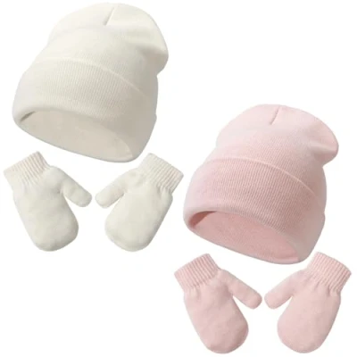 Image of DRESHOW Baby Beanie Hat Mitten Set Infant Toddler Kids Winter Warm Knit with Gloves for 2 Years 5 Girls Boys Children