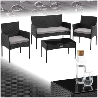 Image of TecTake® 4 Seater Rattan Garden Furniture Set, Incl. 2 Chairs, Glass Top Coffee Table &amp; Sofa, Outdoor Set with Soft Cushions Sturdy Steel Frame for Backyard Patio Black