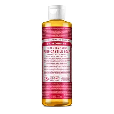 Image of Dr Bronner&#039;s Rose Pure Castole Liquid Soap, Made with Organic Oils, Used for Face, Body, Hair, Laundry, Pets and Dishes, Certified Fair Trade &amp; Vegan Friendly, 237ml Recycled Bottle