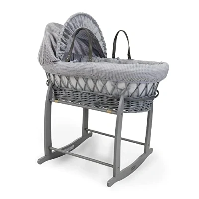 Image of Clair de Lune Waffle Grey Wicker Moses Basket with Deluxe Rocking Stand 68 x 30 cm (Grey)