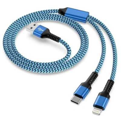 Image of 2 in 1 Multi Charger Cable with Type C &amp; Lightning Port, [4ft] Nylon Braided Long USB Phone for IPhone 15 14 13 12 11 8 7 6, Android Samsung Galaxy, Huawei, Google,Sony