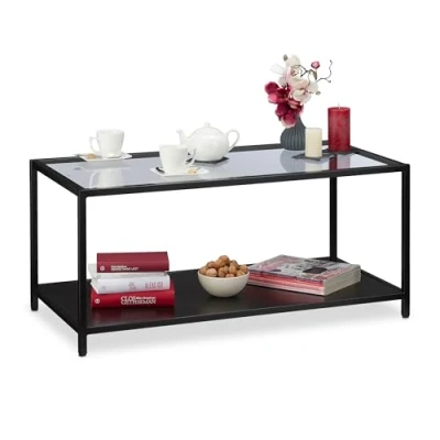 Image of Relaxdays Coffee, Glass Top &amp; Metal Frame, MDF Shelf, Modern Living Room Table, HWD 45x100x50 cm, Black, 45 x 100 50 cm