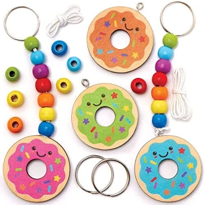 Image of Baker Ross FC792 Doughnut Wooden Keyring and Bag Dangler Kits Pack of 4, Craft for Kids, Kids Party Favours, Boys Girls