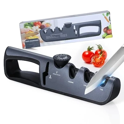 Image of Alyvisun Kitchen Knife Sharpener, Professional Manual 4 in 1 Ergonomic Handle and Non Slip Base, for Sharpening Knives, Scissors ect (Black)