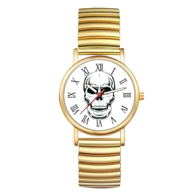 Image of JewelryWe Halloween Elastic Band Watch: Men Women Gold Ultra Thin Expansion Roman Numeral Analog Quartz Student Skull Watch