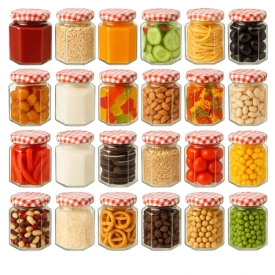 Image of Trendi Large Hexagonal Mouth Glass Storage Jars Set of 24 280ml Capacity Screw Top Preserve Pots Gingham Lids with Labels Airtight for Pickle, Chutney, Fruits, Oats Jam