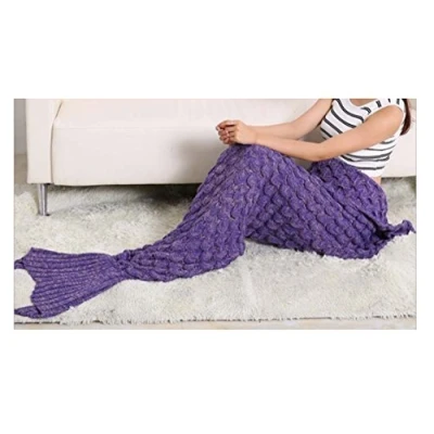 Image of ll L&amp;L® Handmade Mermaid Tail Blanket Crocheted Cocoon Sofa Beach Quilt Rug Knit Lapghan for adult or kids sleeping bag (Adult, Purple with Scales)
