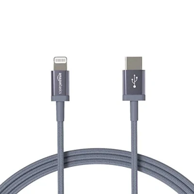 Image of Amazon Basics MFi Certified Fast Charging USB C to Lightning iPhone Charger Cable, Nylon Braided Cord, Compatible for Apple 14 13 12 11 X Xs Pro, Pro Max, Plus, iPad, 1.8 m, Dark Gray