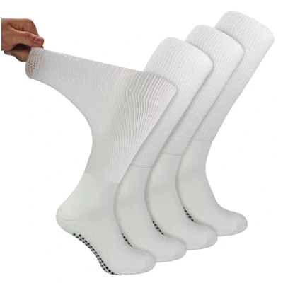 Image of Dr.Socks 4 Pack Bamboo Diabetic Knee High Socks with Grips Mens &amp; Ladies Extra Wide Long Slipper for Swollen Feet Legs (12 14, White)