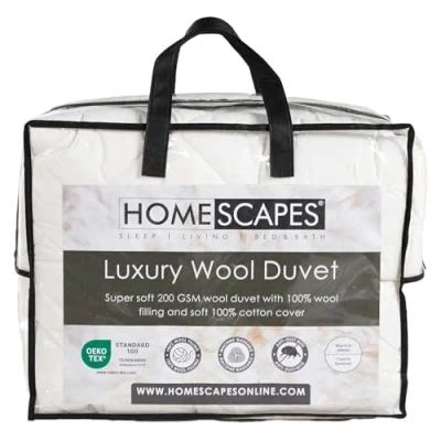 Image of HOMESCAPES Premium Wool Duvet King Size, Lightweight, Spring/Summer,100% Cotton Cover, Hypoallergenic, Washable and Eco Friendly 4.5 to 7 Tog (approx.)