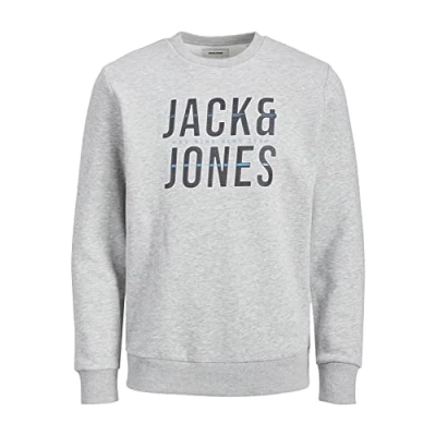 Image of JACK &amp; JONES Men&#039;s Crew Neck Pullover Sweatshirt Casual Long Sleeves Logo Sweat Top Light Grey Melange S
