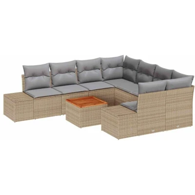 Image of vidaXL 9 Piece Garden Sofa Set with Cushions Beige Poly Rattan Acacia