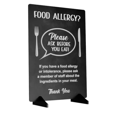 Image of Please Ask Before You Eat, food Allergy and Intolerance Warning Sign/Notice A4 size, supplied with 2 black plastic feet display this customer notice in your establishment. (Black Effect)