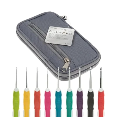 Image of Milward Crochet Hook Set Soft Grip Colour Coded Handles 2,2.5,3,3.5,4,4.5,5,5.5 and 6mm, 100% Cotton Hard Zippered Case, Grey