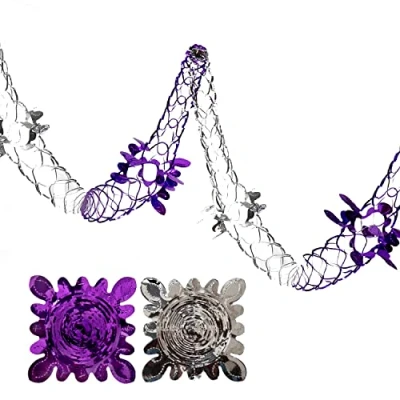 Image of 2 Pk Foil Garland Flower Christmas Hanging Decoration Wall Ceiling Xmas Deco (Dark Purple &amp; Silver)