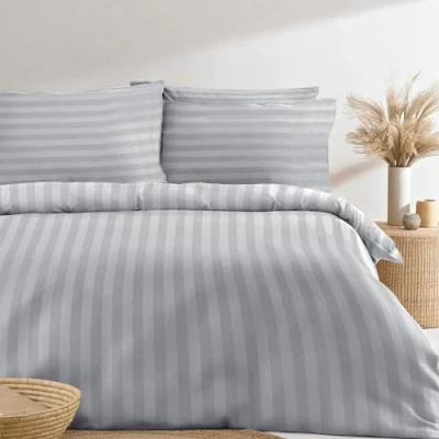 Image of Simply Amelia Duvet Cover Sets Premium Hotel Quality 100% Brushed Cotton Satin Stripe Quilt Set with Pillowcases Bedding Soft Easy Care (Grey, Super King (260cm x 220cm)