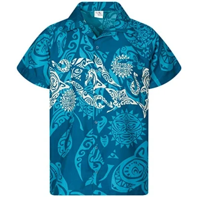 Image of King Kameha Classic Modern Hawaiian Shirt for Men Front Pocket Casual Aloha Shirts, Maori Chest, Turquoise, L