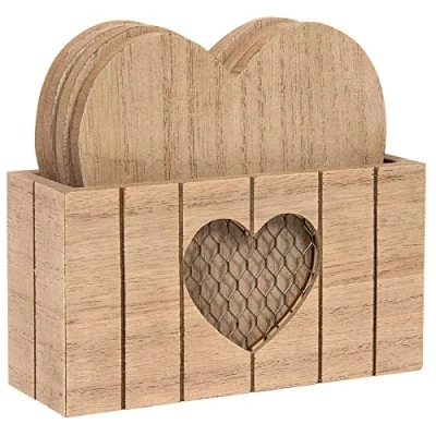 Image of Set of Four Natural Wood Finish Heart Shaped Coasters in Matching Holder With Chicken Wire Mesh Detail