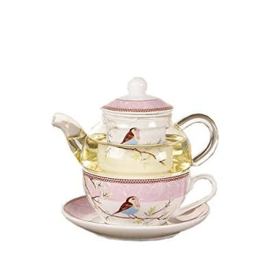 Image of Lobamop Ceramic Flower Teapot Bird Cup Saucer Heat Glass Pot Set Coffee Afternoon Tea Pink