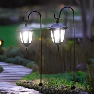 Image of Garden Mile 2 x Black Shepherds Crook Hanging Victorian Coach Lamp Lantern Solar Lights LED Post Traditional Outdoor Lighting