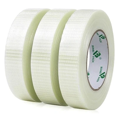 Image of BOMEI PACK 3 Rolls Reinforced Filament Tape,Transparent Bi Directional Crossweave Fiberglass Heavy Duty Moving Strapping Tape,Duct Wrapping bundling tape 25mm x 50m