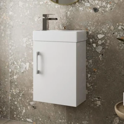 Image of AURORA® 400mm Wall Hung Vanity Unit Furniture, Wash Basin Bathroom Sink, Soft Close Door, Storage Cabinet, White Gloss