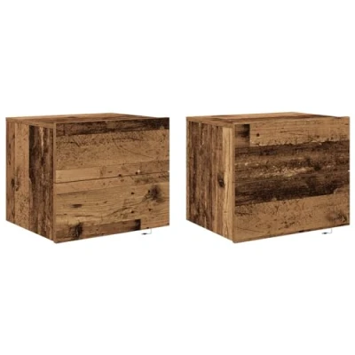 Image of vidaXL Wall Mounted Bedside Cabinet Reclaimed Wood Nightstand with Drawers, Indoor Wooden Bedroom Furniture, Rustic Brown Rectangular Cabinet, Weathered Finish