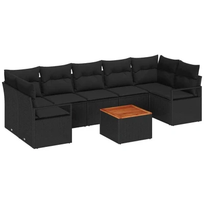 Image of vidaXL 8 Piece Garden Sofa Set with Cushions Black Poly Rattan Acacia