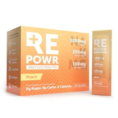 Image of REPOWR Daily Electrolytes Peach Flavour Sugar Free Electrolyte Powder Sachets Hydration for Healthy Diets, Fasting and Exercise 30