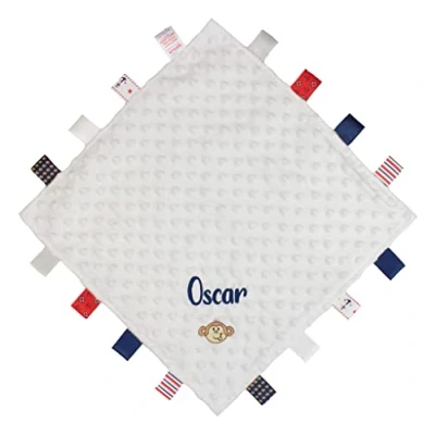 Image of TeddyTs Personalised Monkey White Taggy Blanket Ribbon Comforter, One Size