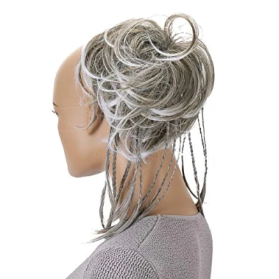 Image of CAISHA XXL Scrunchie Messy Bun Hairpiece Braided Updo Slightly Wavy Voluminous Gray Mix G10D