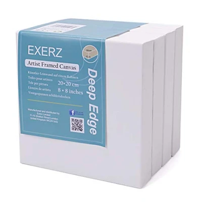 Image of EXERZ 20x20cm Deep Edge Canvas 3.8cm Framed 4pcs, 380GSM 3D Artist Pre Stretched Square 100% Cotton/Blank/Triple Primed/Acid Free/Medium Grain/Professional, Acrylic, Oil (20x20cm 4pk)